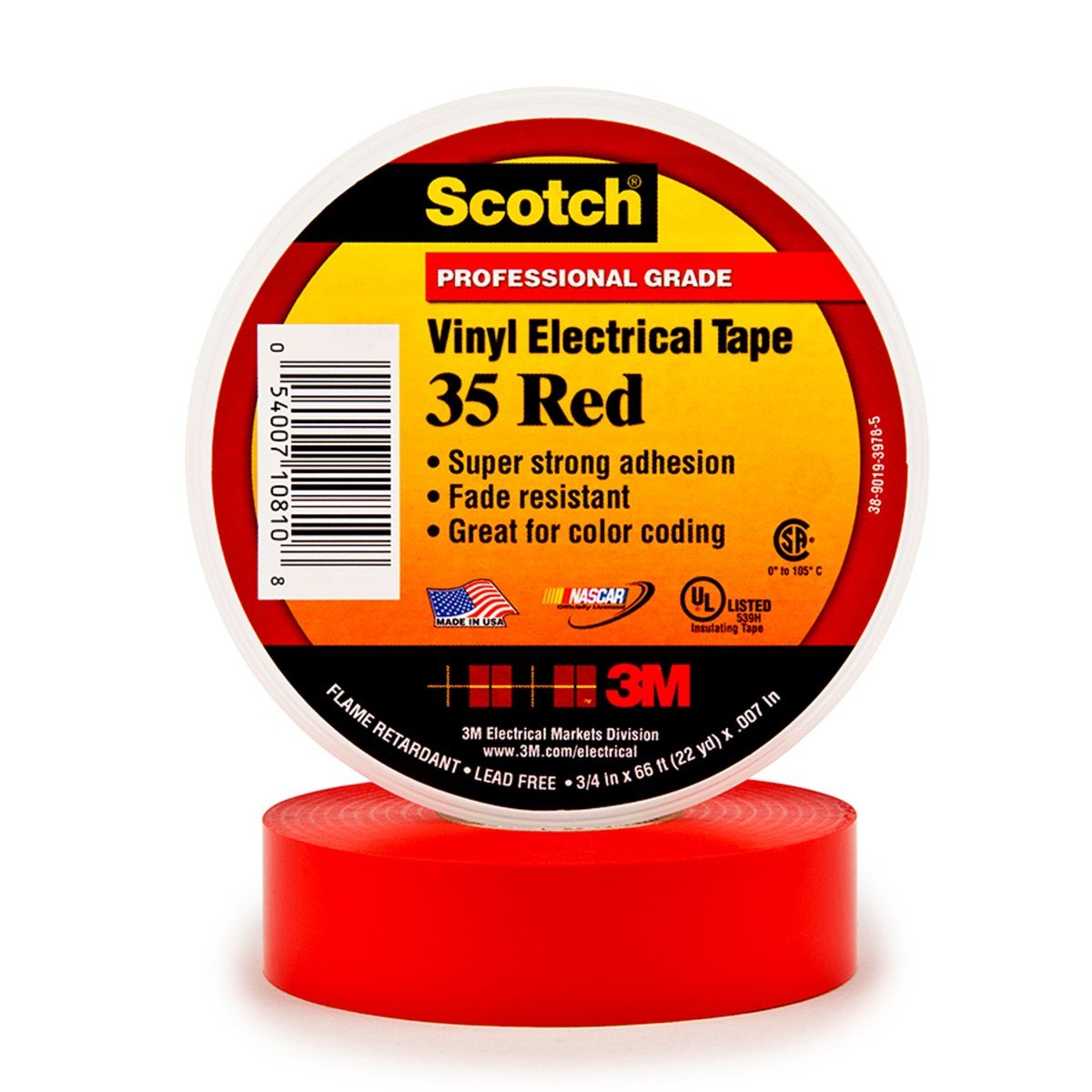 3M - Scotch Vinyl Electrical Tape - 3/4 inch x 66 feet x 7 mil - Red - 10810