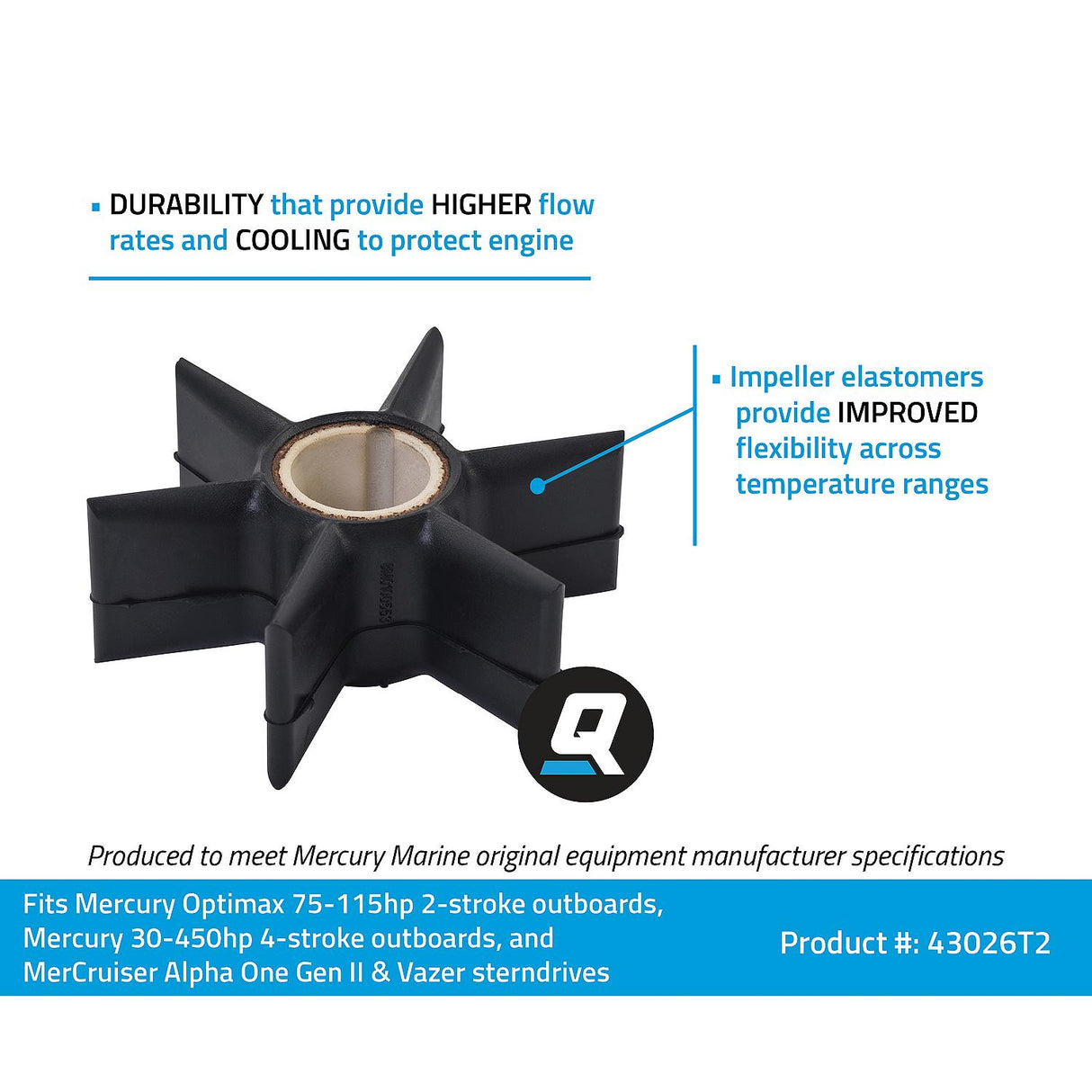 Mercury - Outboard Water Pump Impeller - Fits 30-40-45-50-60 HP Four Stroke Bigfoot, 60 HP Bigfoot 75-125 HP - 75-90-115 Four Stroke - 150 EFI - V-200 - Mercruiser Alpha One Gen II - 47-43026T2