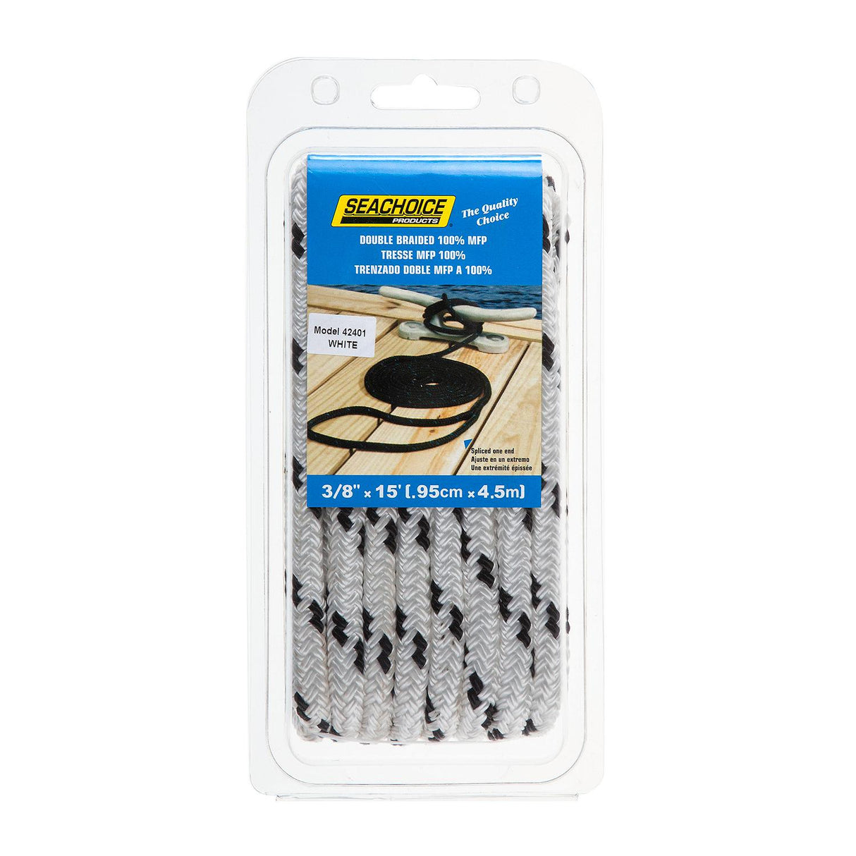 Seachoice - Double Braided MFP Poly Dock Line | White/Black Tracer | 3/8" x 15' | 42401