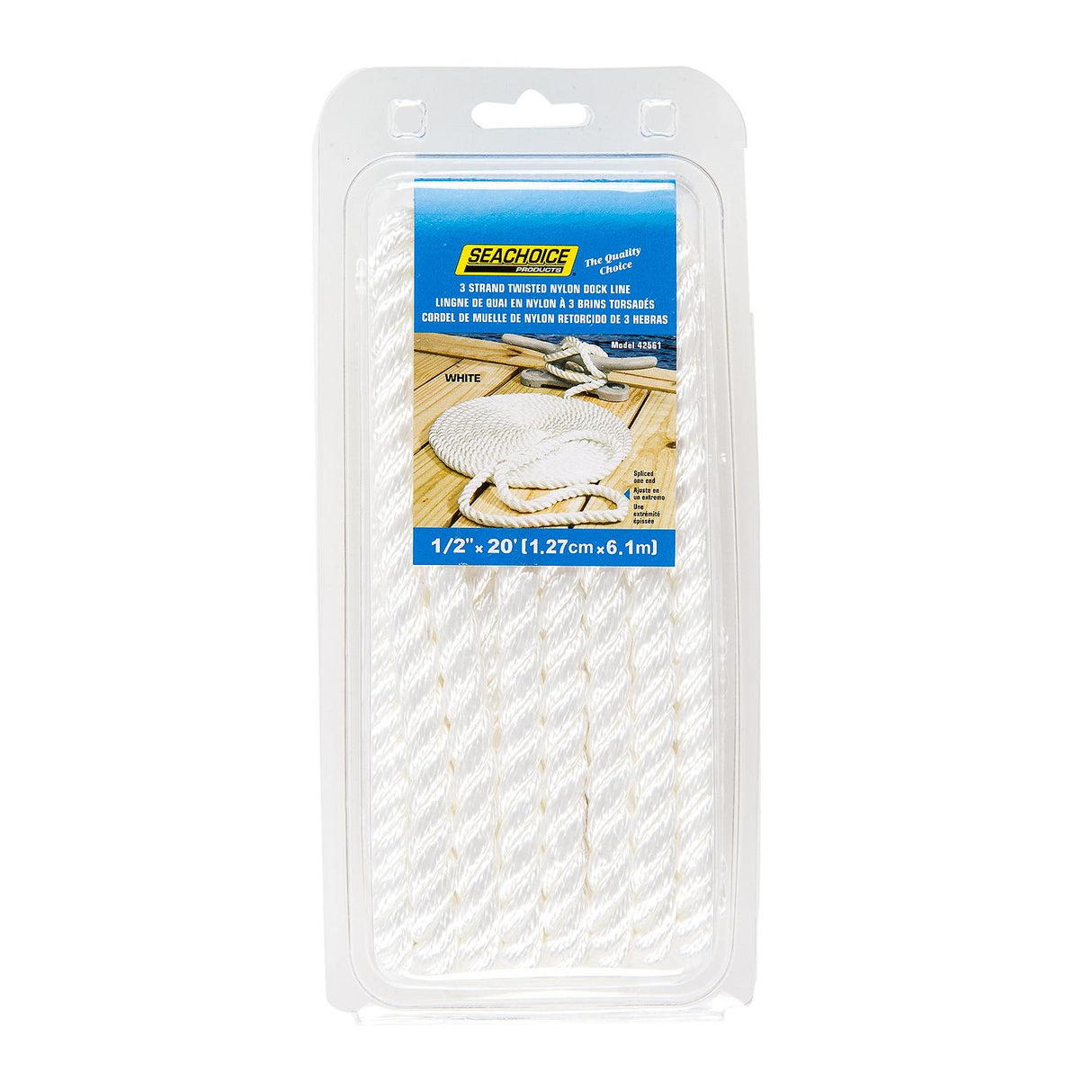 Seachoice - Línea de muelle de nailon trenzado de 3 hebras - 1/2" x 20' - 42561 Blanco