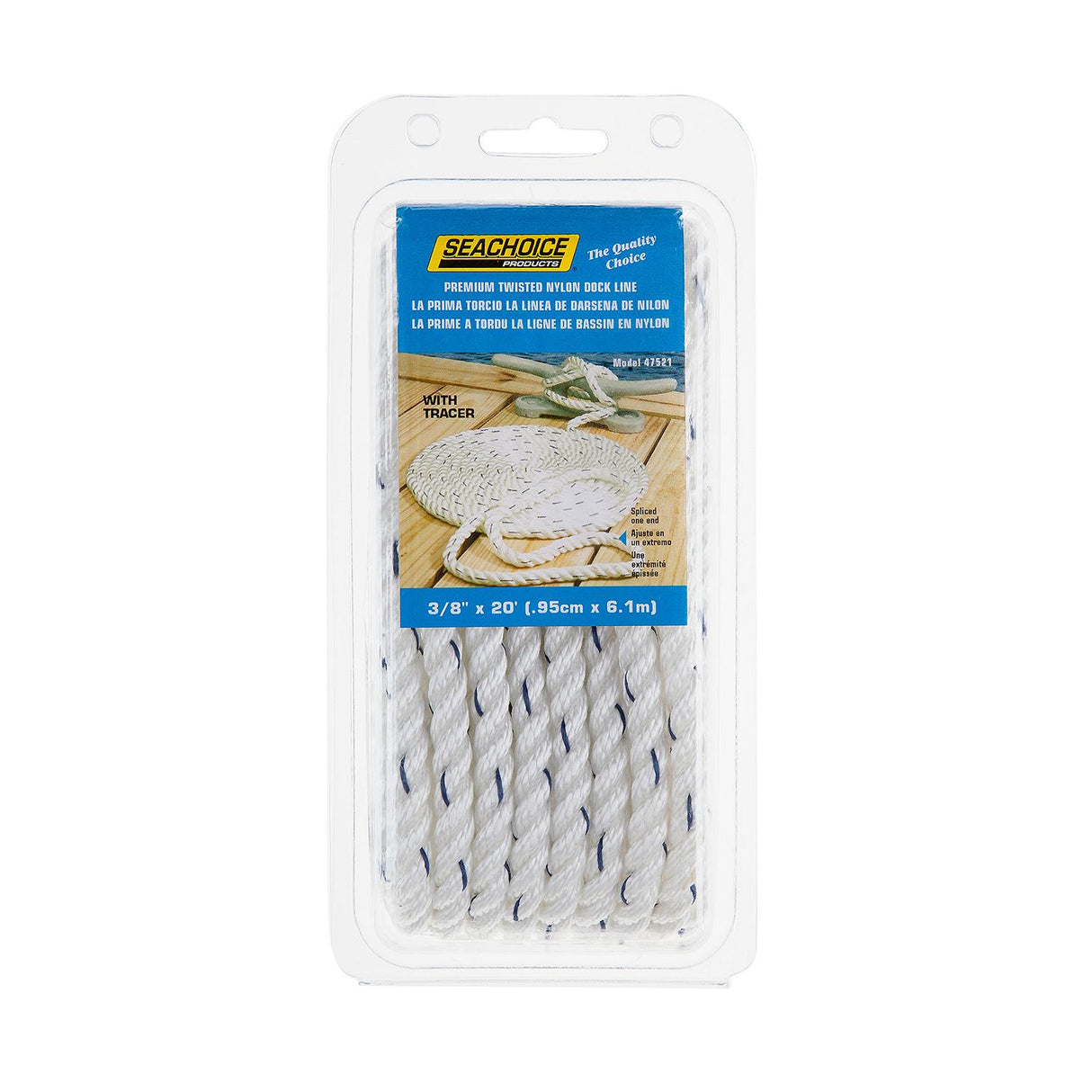 Seachoice - Three Strand Twisted Nylon Dock Line with Tracer | White/Blue Tracer | 3/8" x 20' | 47521