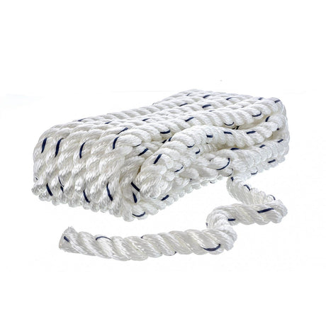 Seachoice - Three Strand Twisted Nylon Dock Line with Tracer | White/Blue Tracer | 1/2" x 20' | 47561