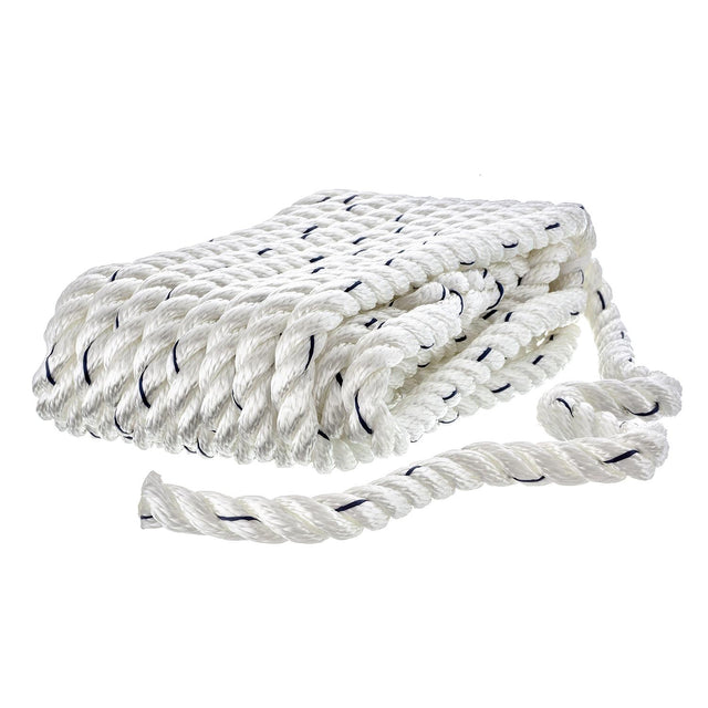 Seachoice - Three Strand Twisted Nylon Dock Line with Tracer | White/Blue Tracer | 1/2" x 25' | 47571