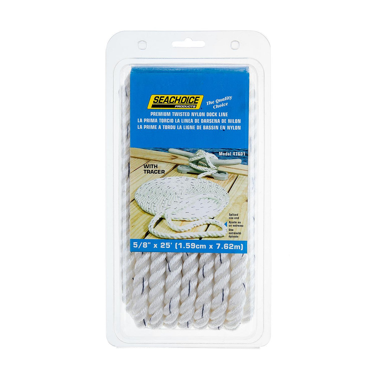 Seachoice - Three Strand Twisted Nylon Dock Line with Tracer | White/Blue Tracer | 5/8" x 25' | 47601