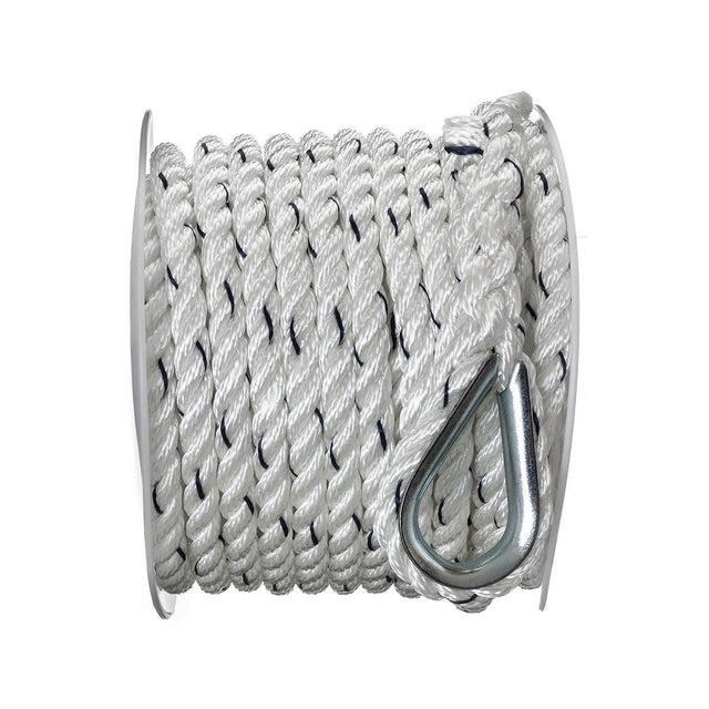 Seachoice - Premium 3-Strand Twisted Nylon Anchor Line with Tracer | White / Blue | 3/8" x 50' | 47691