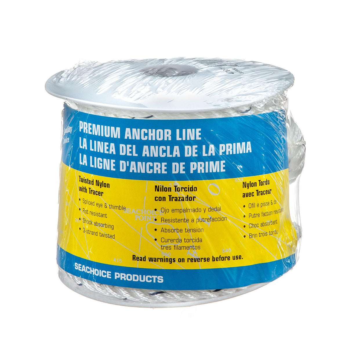 Seachoice - Premium 3-Strand Twisted Nylon Anchor Line with Tracer | White / Blue | 3/8" x 50' | 47691
