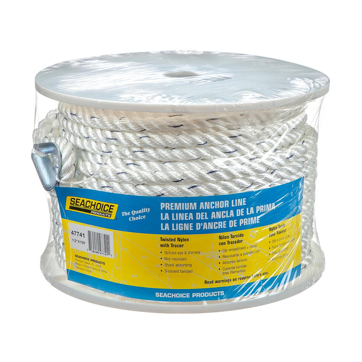 Seachoice - Premium 3-Strand Twisted Nylon Anchor Line with Tracer | White / Blue | 1/2" x 150' | 47741