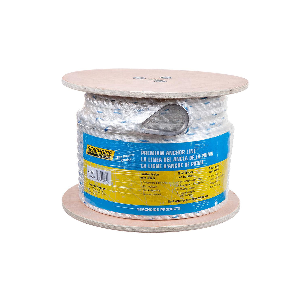 Seachoice - Premium 3-Strand Twisted Nylon Anchor Line with Tracer | White / Blue | 5/8" x 200' | 47921