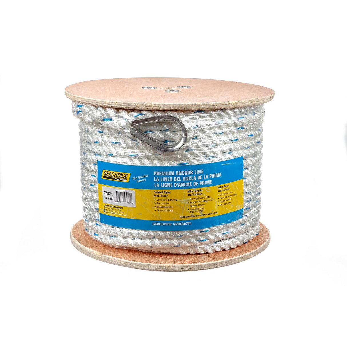Seachoice - Premium 3-Strand Twisted Nylon Anchor Line with Tracer | White / Blue | 5/8" x 250' | 47931