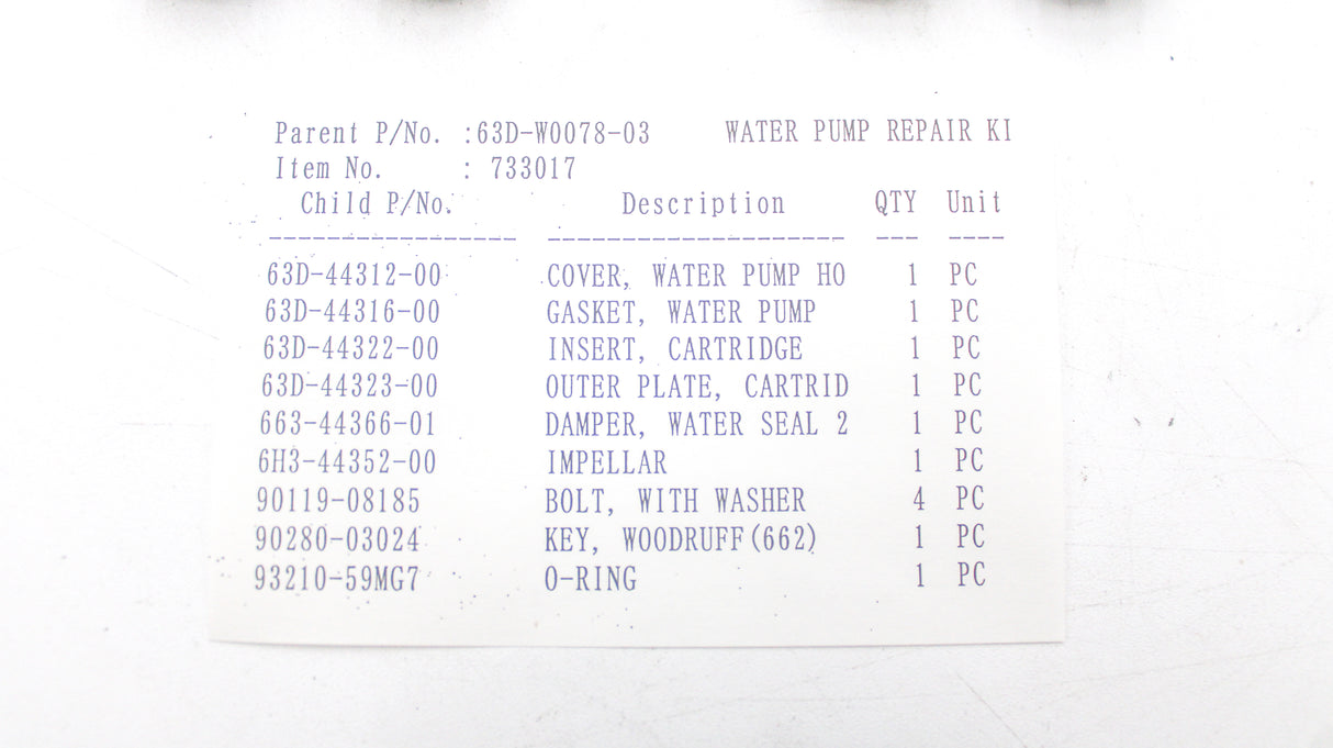 Yamaha - Water Pump Repair Kit - Cooling System Service - 63D-W0078-03-00