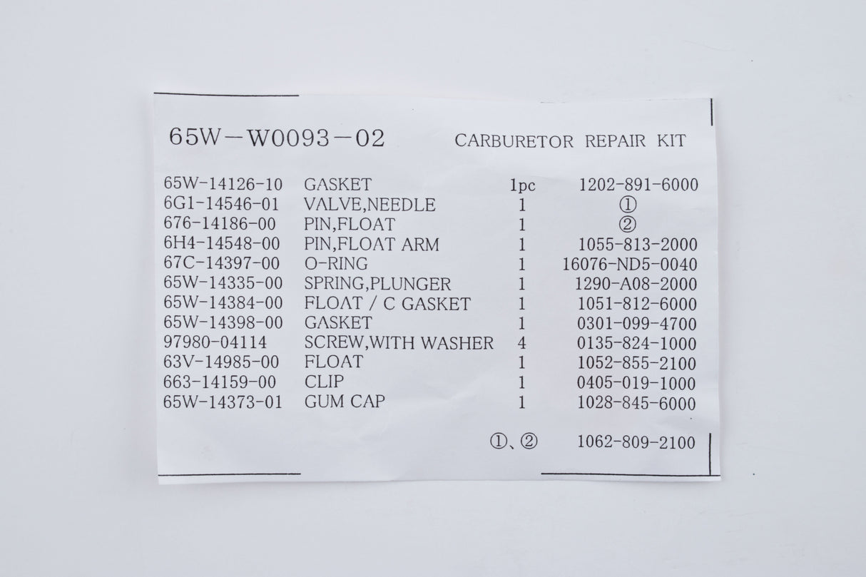 Yamaha Carburetor Repair Kit - 65W-W0093-02-00