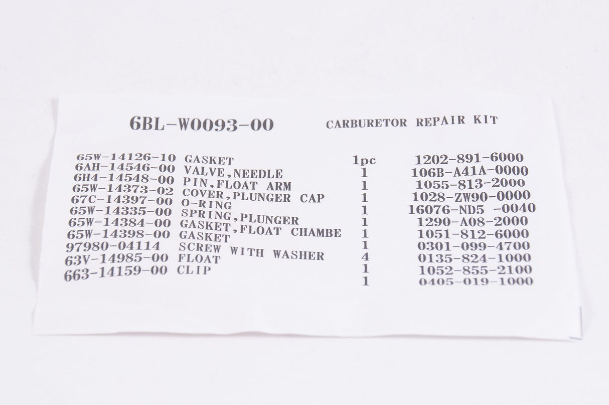 Yamaha F25 T25 Carb Repair Kit - 6BL-W0093-00-00 - 2009-Current