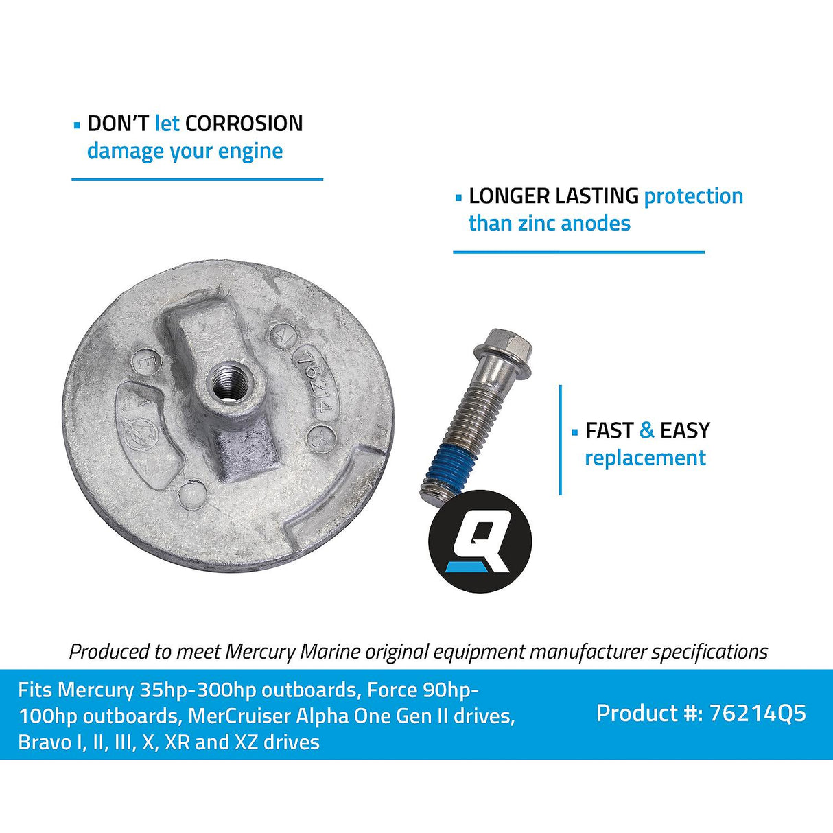 Mercury Quicksilver - Outboard Aluminum Anode Kit - Fits Mercury/Mariner 35 ‑ 300 HP - Force 90 - 120 HP 1995 and Newer - MerCruiserAlpha One Gen II and Bravo I, II, III, X XR & XZ Drives - 76214Q5