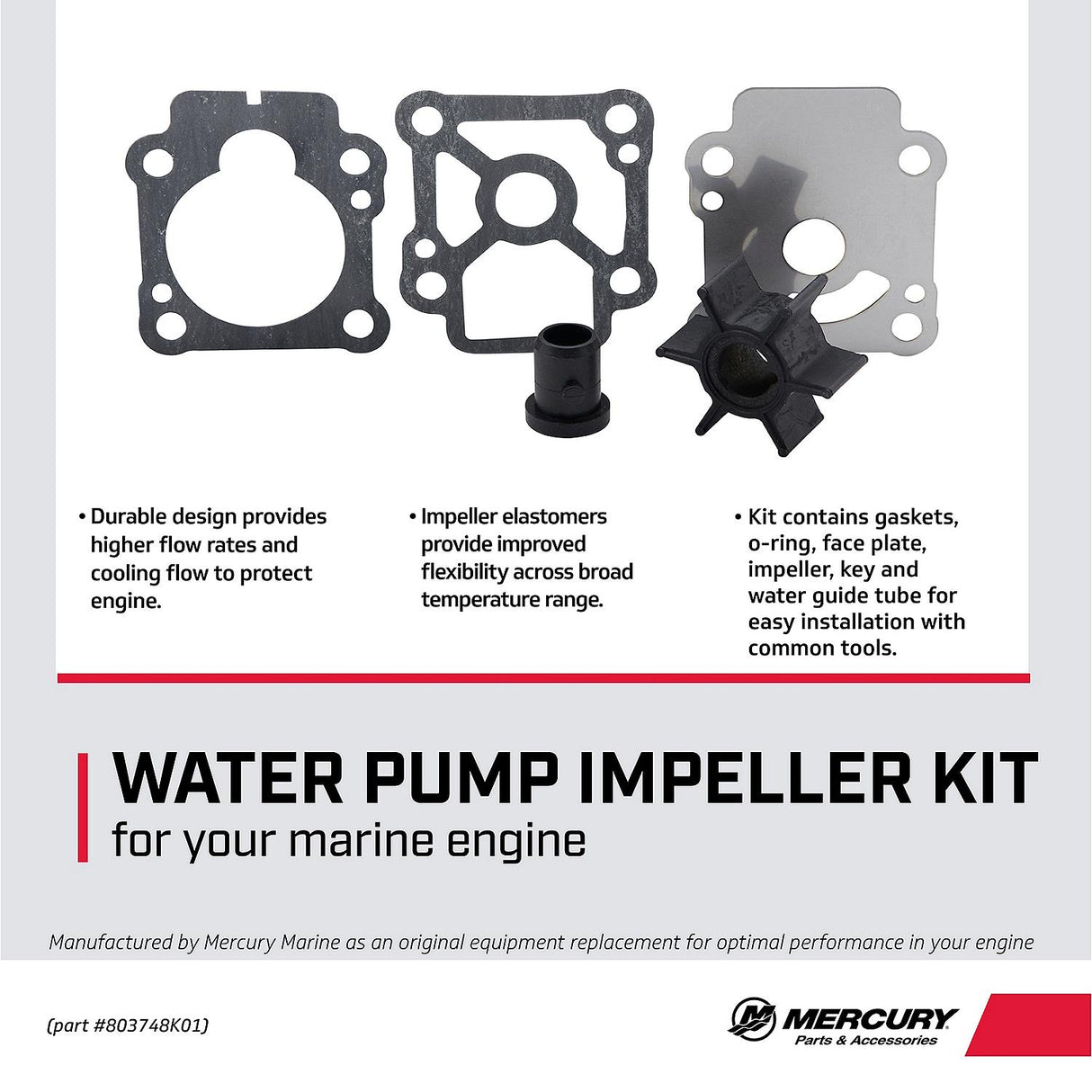 Mercury Marine - Outboard Water Pump Impeller Repair Kit for 8 and 9.9 Horsepower Four Stroke Engines - 47-803748K01
