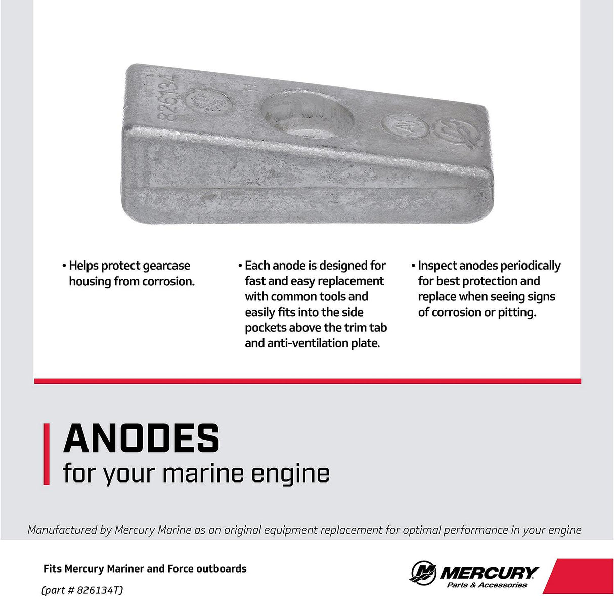 Mercury 826134T Outboard Aluminum Side Pocket Anode - Fits Mercury/Mariner 30‑300 HP Outboards - Force 90 & 120 HP 1995 and newer Outboards