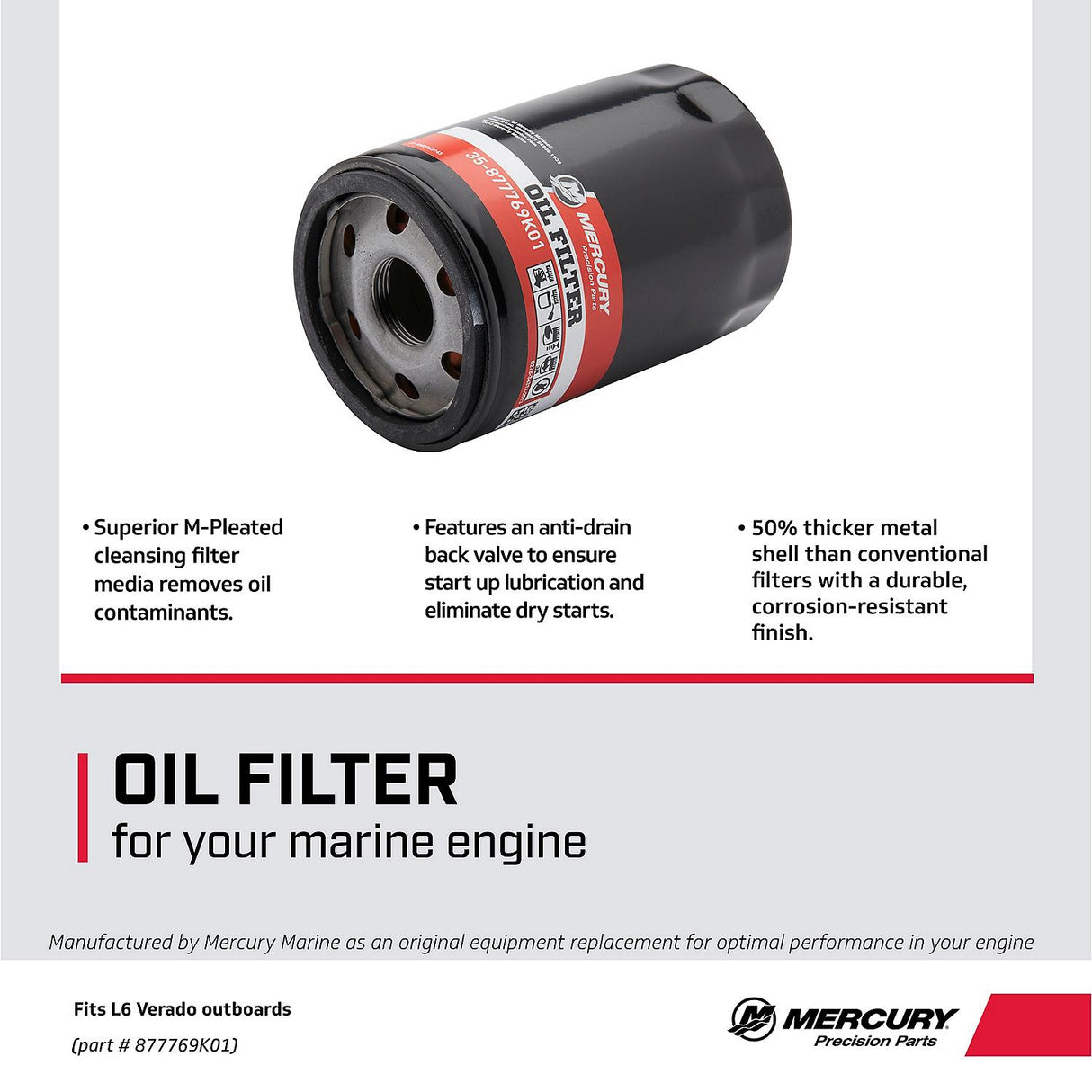 Mercury  Outboard Oil Filter - Fits 200 - 225 - 250 - 275 - 300 - 350 - 400 Verado Pro SCI - 35-877769K01