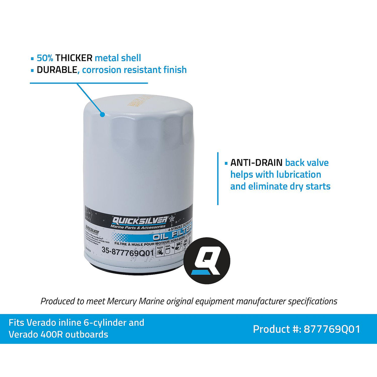Mercury Quicksilver 35-877769Q01 Outboard Four Stroke Oil Filter - Fits 200 - 225 - 250 - 275 - 300 - 350 - 400 Verado Pro SCI
