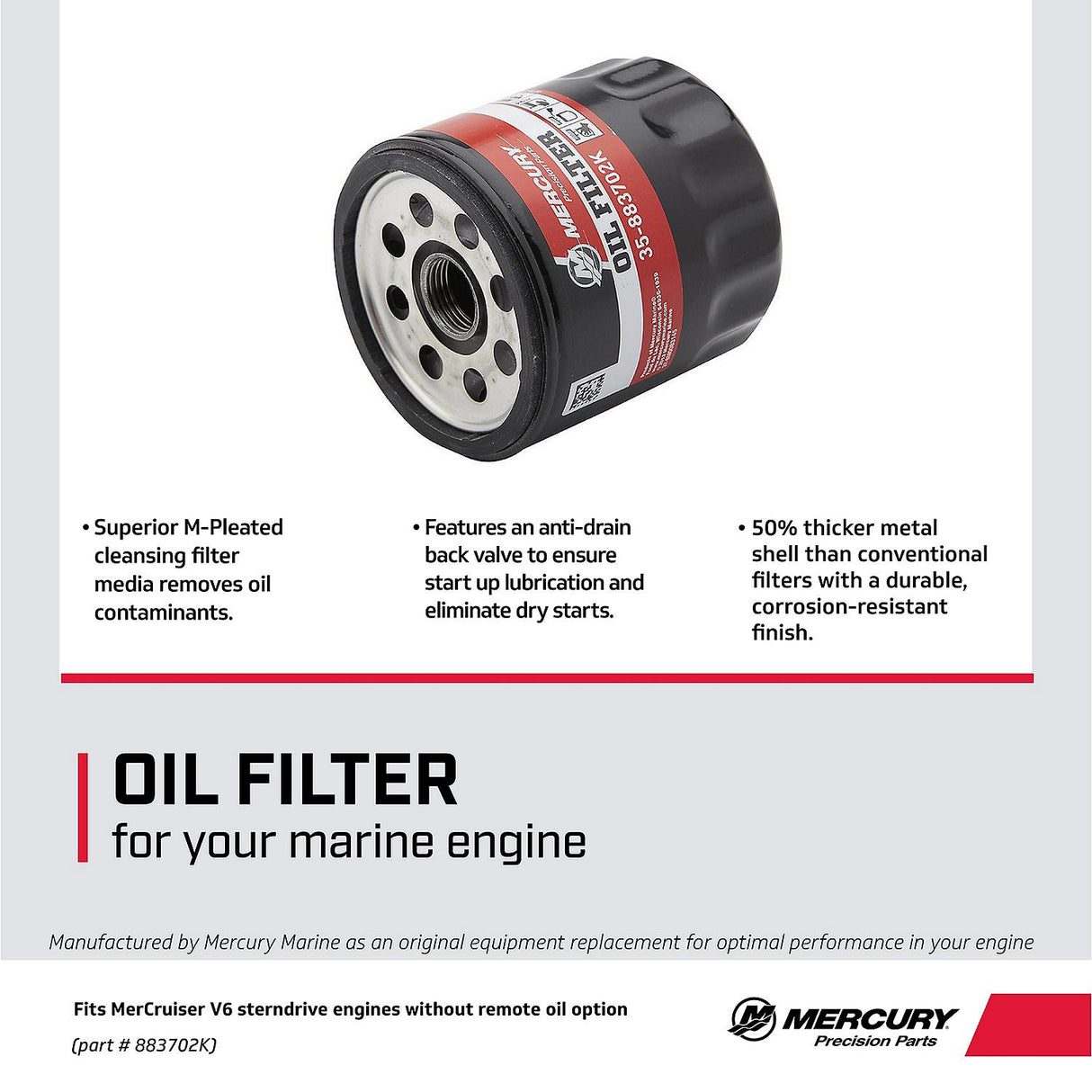 Mercury MerCruiser Oil Filter 4.3L Carbureted Alpha Bravo - 35-883702K