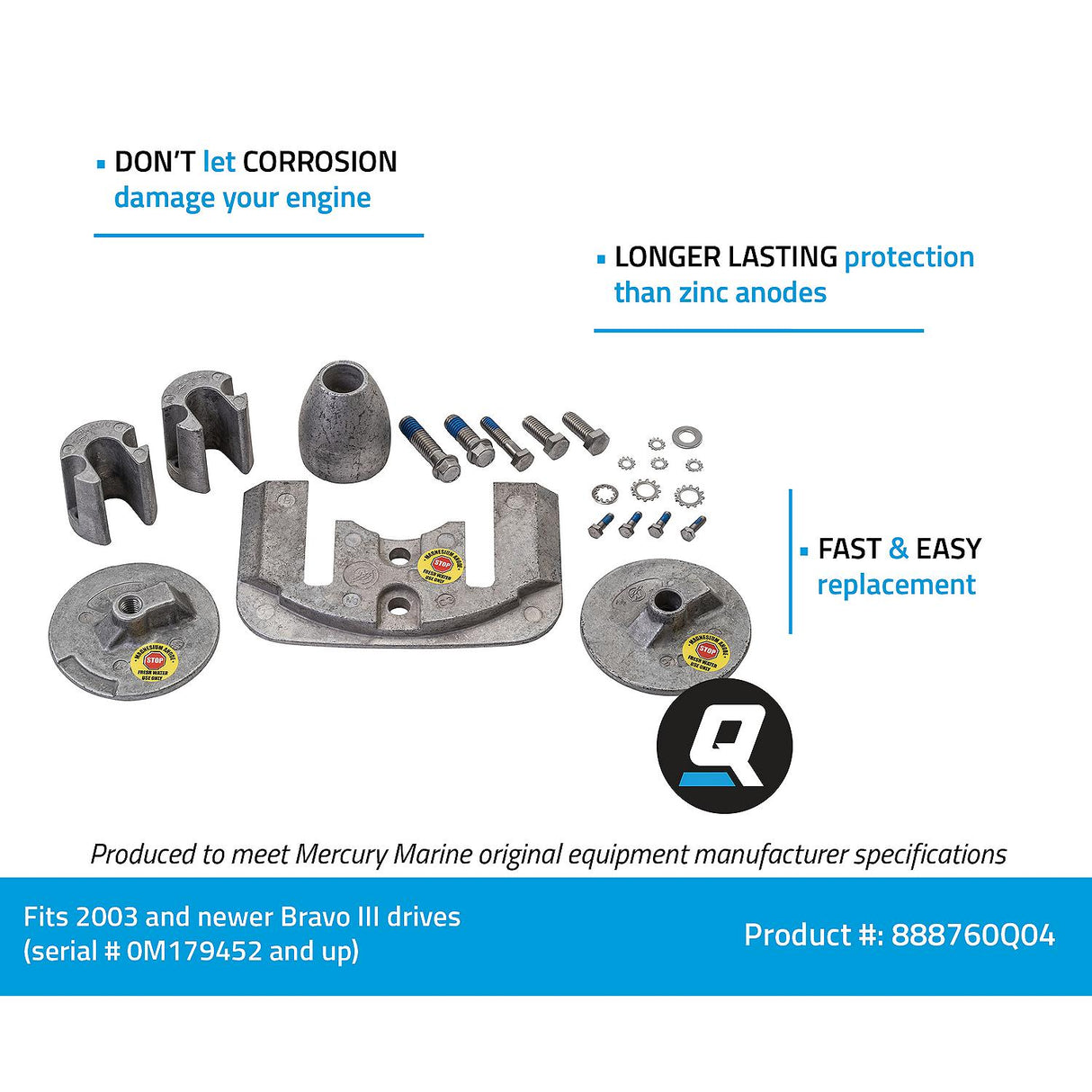 Mercury Quicksilver - Magnesium Anode Kit - Fits 2003/Newer Bravo III Drive - 97-888760Q04