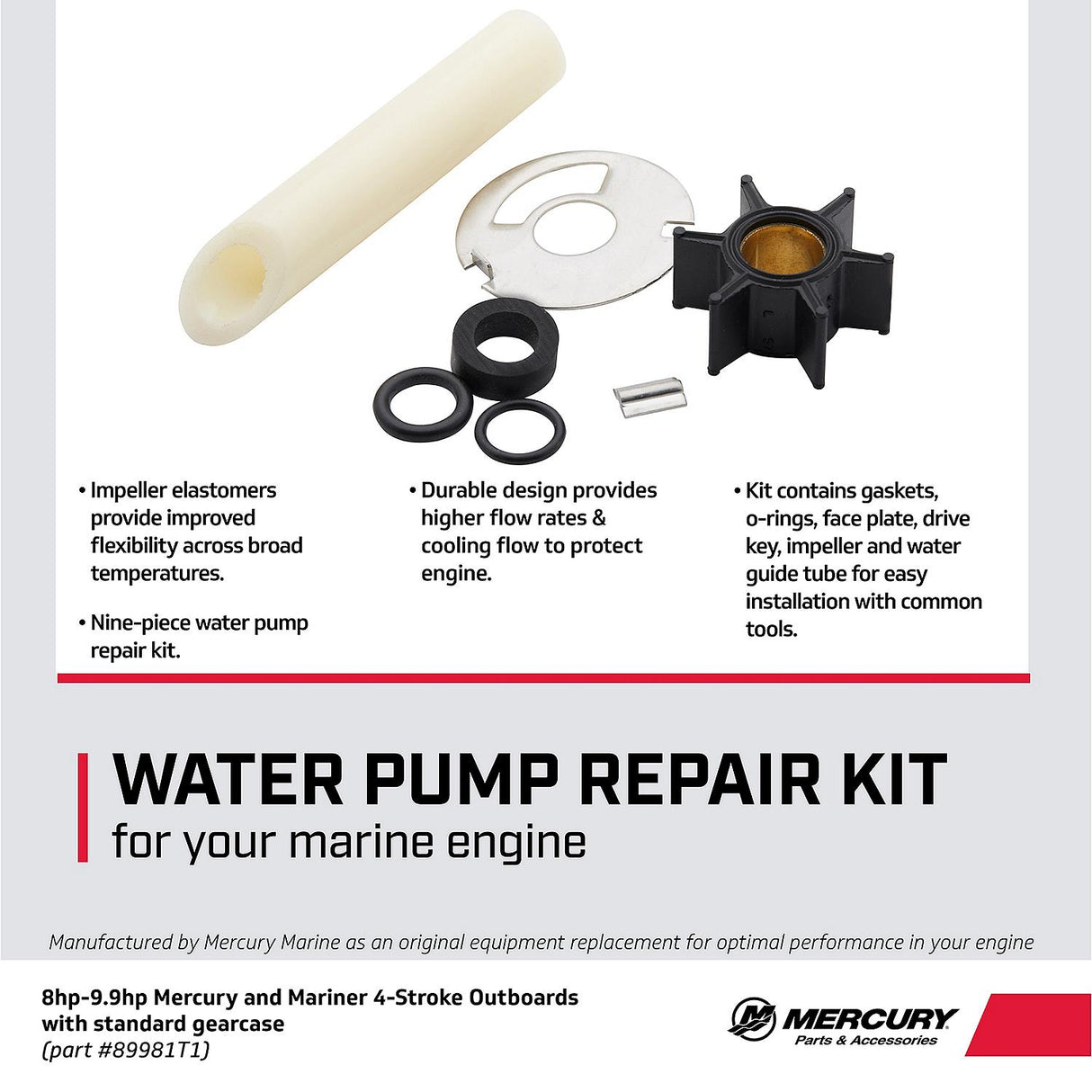 Mercury 47-89981T1 Outboard Water Impeller Repair Kit - Fits Mercury/Mariner 4 HP - Model 75 when impeller ID measures .456"