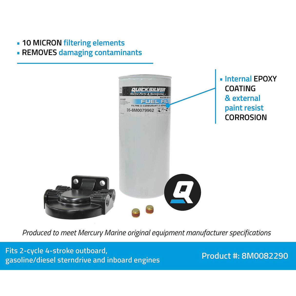 Mercury Quicksilver - Water Separating Fuel Filter Kit - Fits Most 2-Stroke and 4-Stroke Outboards - Most Inboard & Stern Drive Gas and Diesel Engines - 35-8M0082290