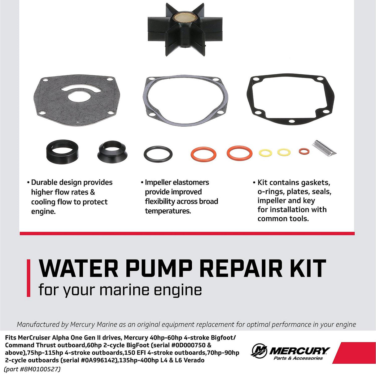 Mercury Mercruiser - Water Impeller Repair Kit - Fits Various Engines and Drives, See Description for Applications - 47-8M0100527