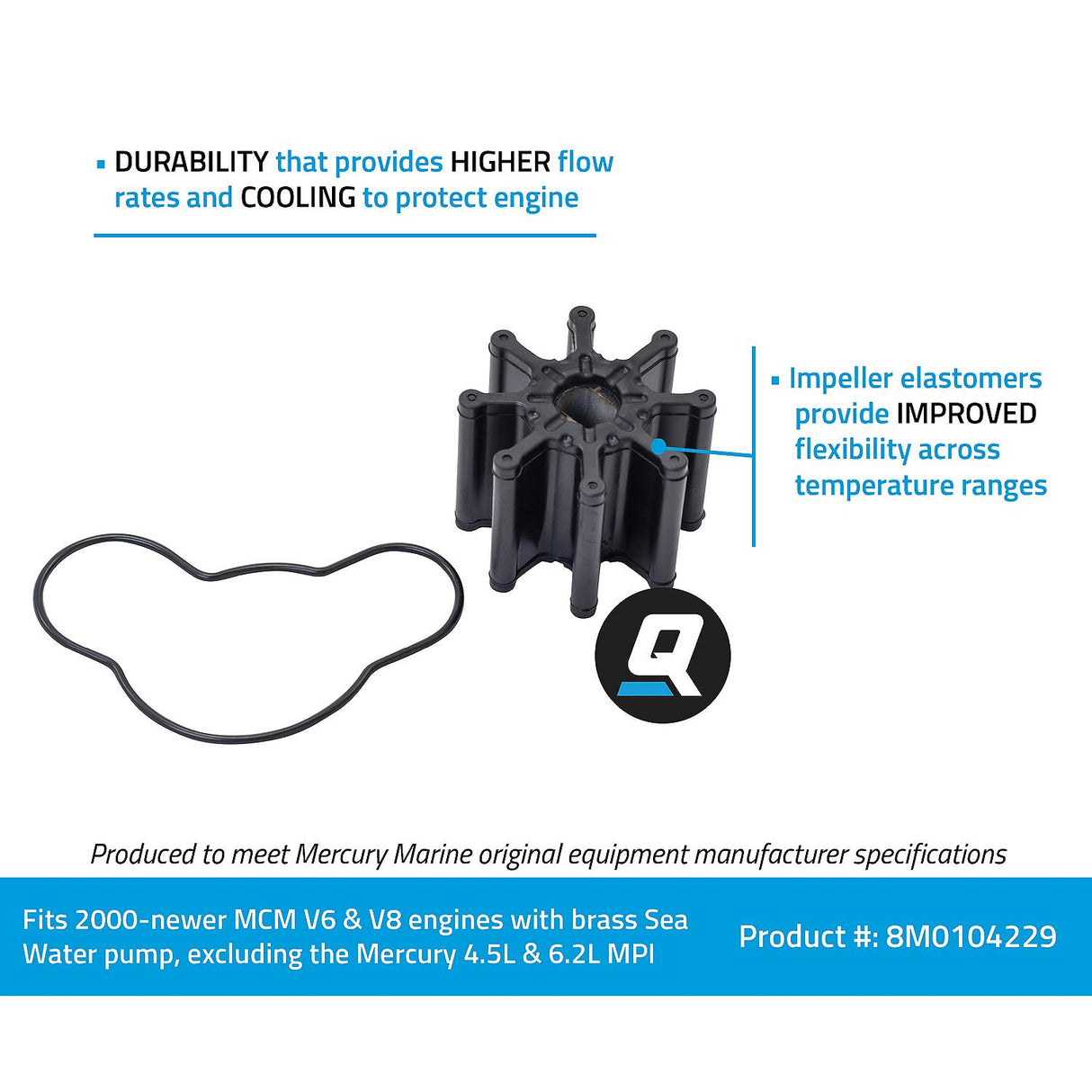 Mercury MerCruiser - Sea Water Pump Impeller Kit - Fits 2000 & Newer MCM V‑6 & V‑8 Engines - 47-8M0104229