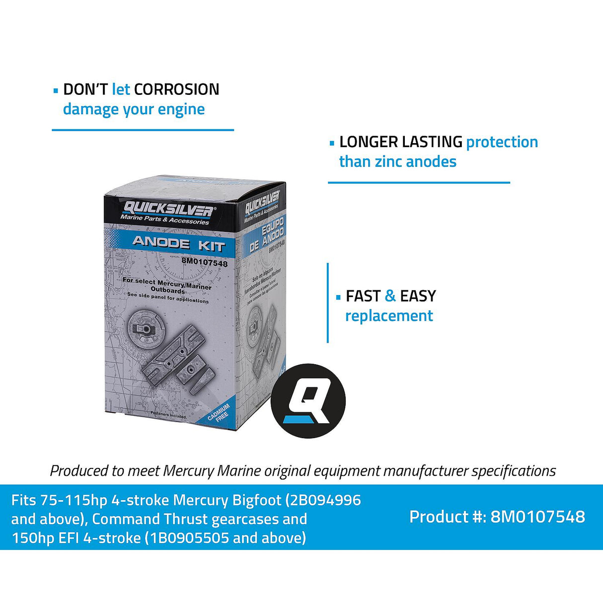 Mercury Quicksilver 97-8M0107548 Outboard Anode Kit - Fits 75 ‑ 115 HP EFI Four Stroke - 150 HP EFI FourStroke