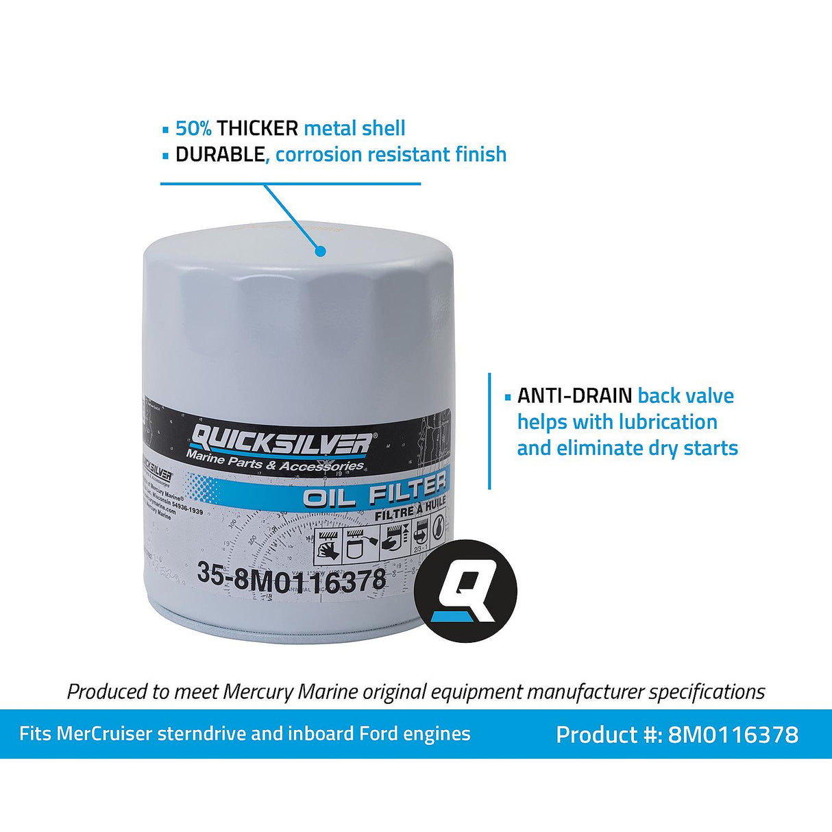 Mercury Quicksilver - Oil Filter - Fits MCM/MIE Ford Engines - 35-8M0116378