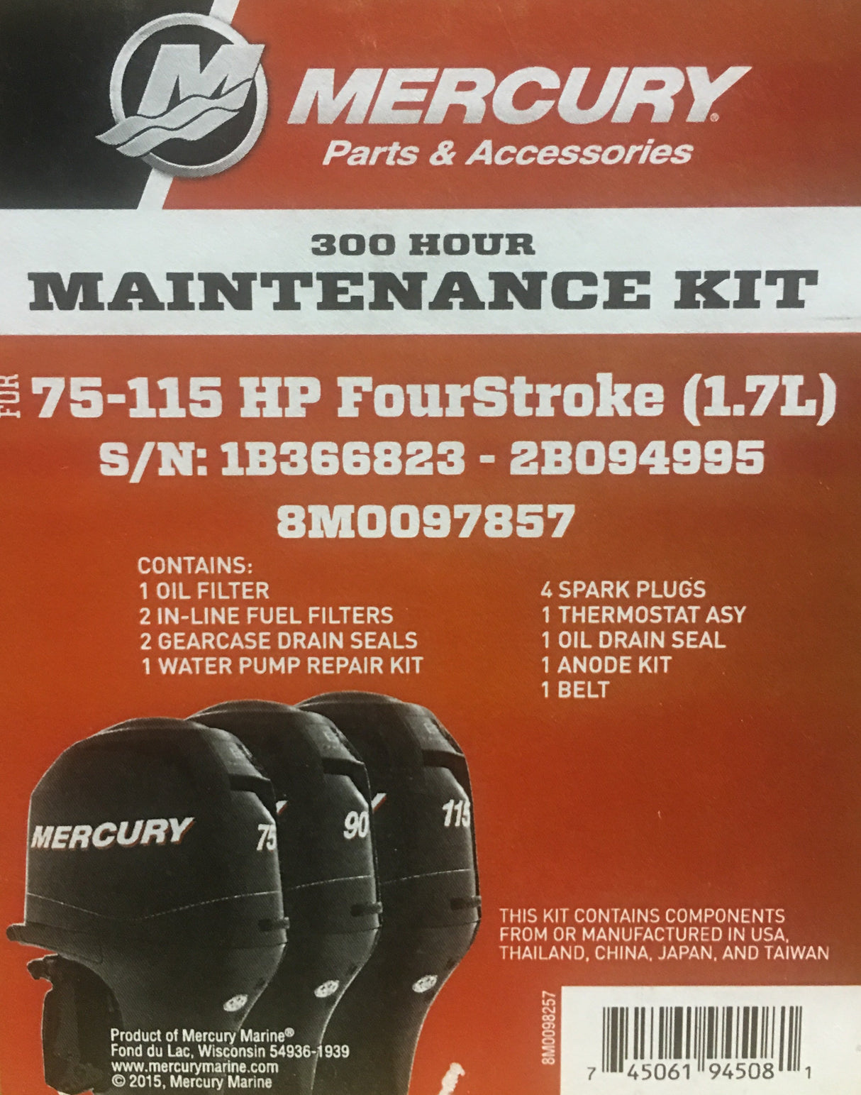 Mercury Outboard 75 - 115 HP 4 Stroke 1.7L 300 Hour Maintenance Kit - S/N 1B366823 - 2B094995 - 8M0097857