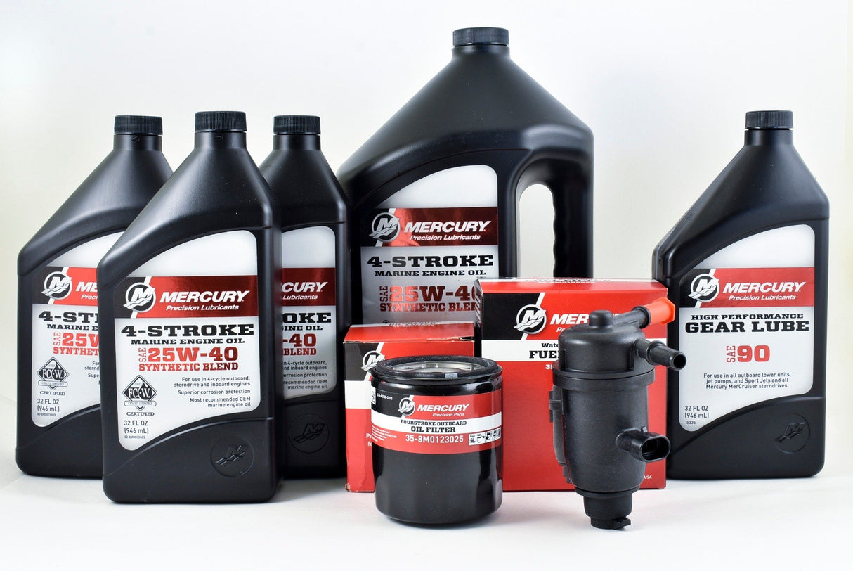 Mercury 175 - 300 HP V6 (3.4L) & V8 (4.6L) Four Stroke 100 Hour Service Kit 25W-40 Synthetic Blend - 8M0149929