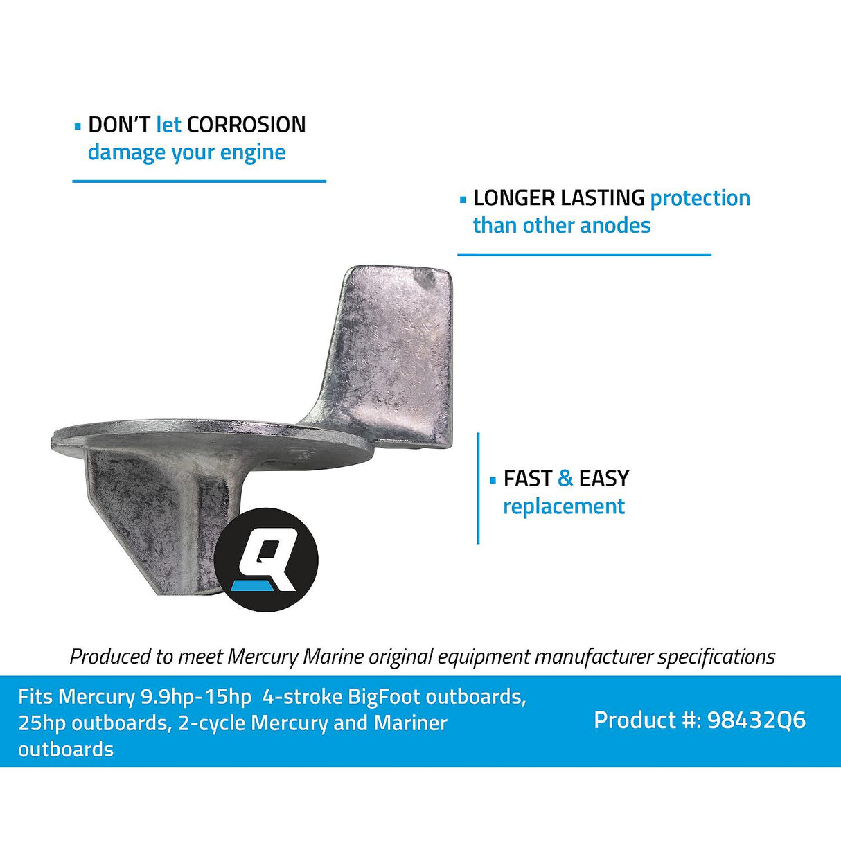 Mercury Quicksilver 98432Q6 Outboard Zinc Anode Trim Tab - Fits Mercury/Mariner 9.9/ - 15 HP (323cc) Four Stroke Bigfoot - Force 25 HP - Various Mercury/Mariner 2-cycle Outboards