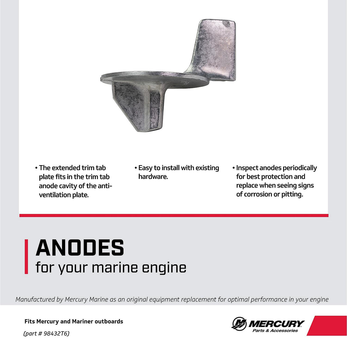 Mercury 98432T6 Outboard Zinc Anode Trim Tab - Fits Mercury/Mariner 9.9 - 15 HP (323cc) FourStroke Bigfoot - Force 25 HP - Various Mercury/Mariner 2-cycle Outboards