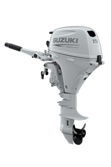 Suzuki Portable DF15ASW Outboard - 15" Shaft | Tiller Handle | Manual Start | Manual Tilt | 15 HP | 97 Lbs | Cool White