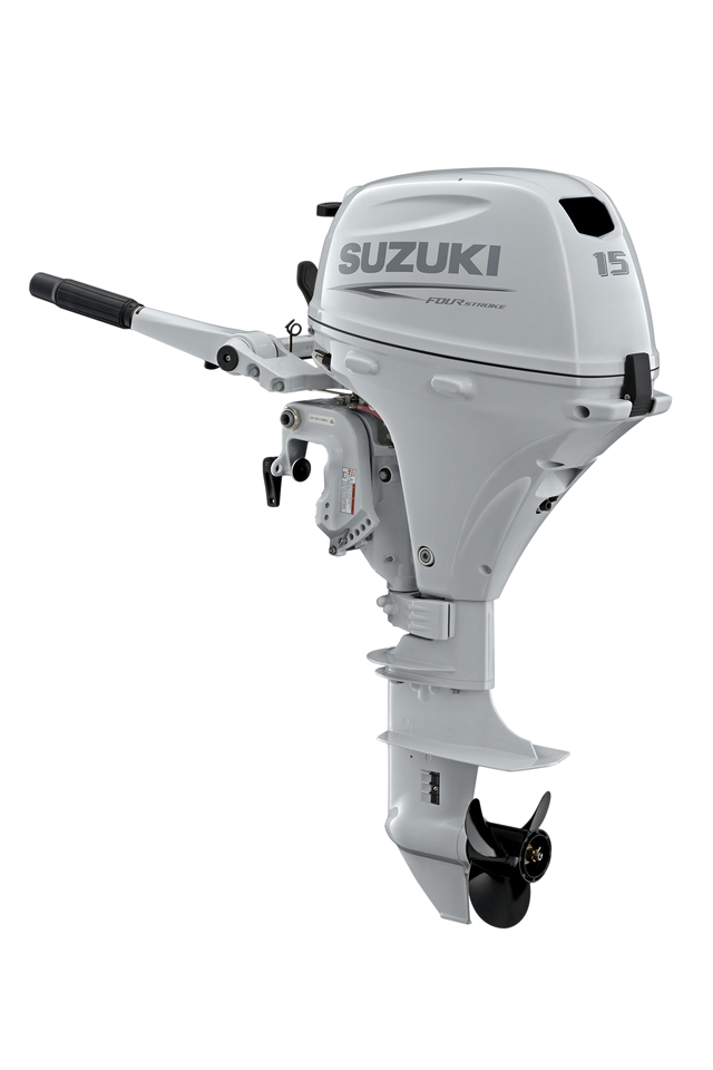 Suzuki Portable DF15ASW Outboard - 15" Shaft | Tiller Handle | Manual Start | Manual Tilt | 15 HP | 97 Lbs | Cool White