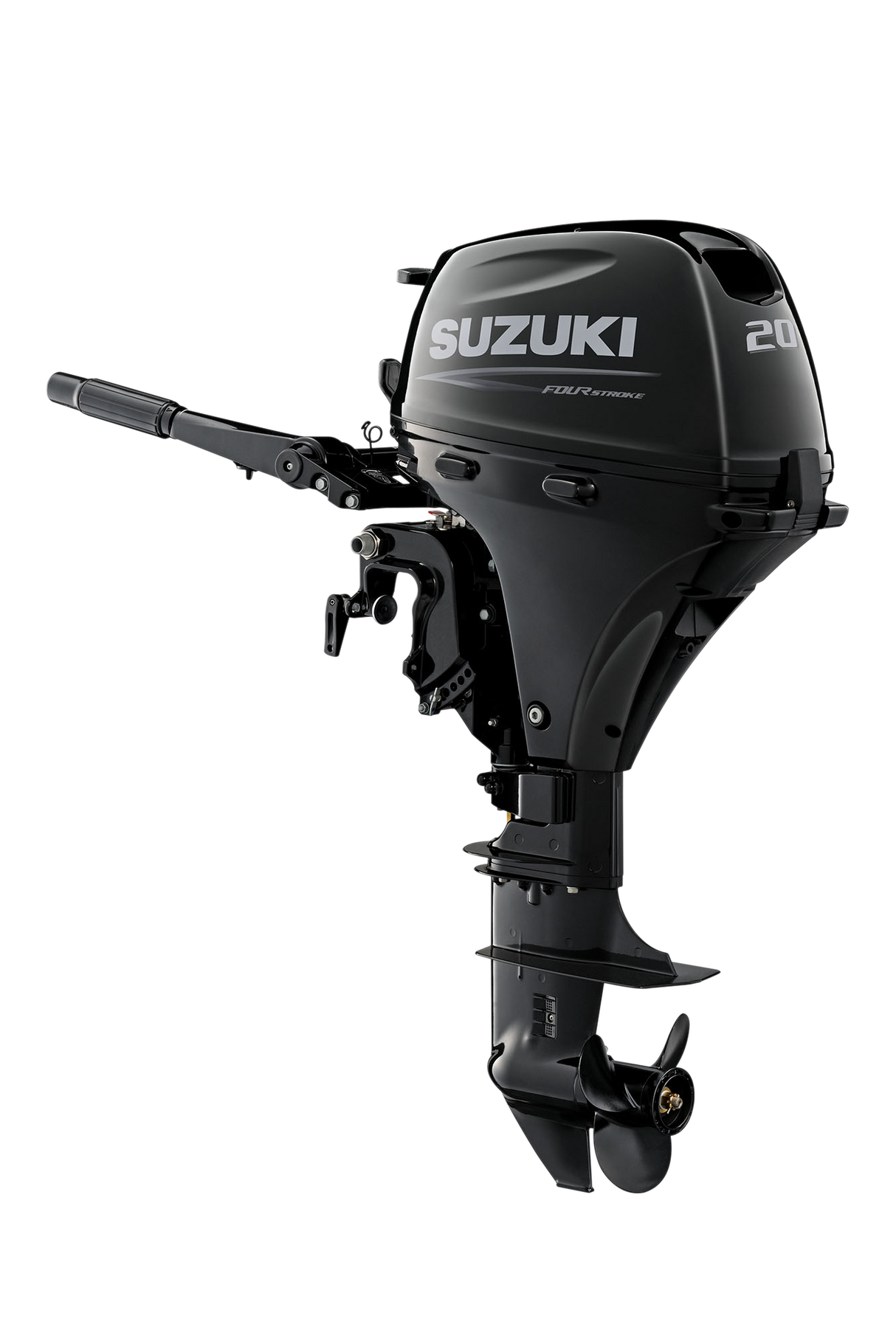 Suzuki Portable DF20ATHL Outboard - 20" Shaft | Tiller Handle | Electric Start | Power Tilt | 20 HP | 122 Lbs | Nebular Black