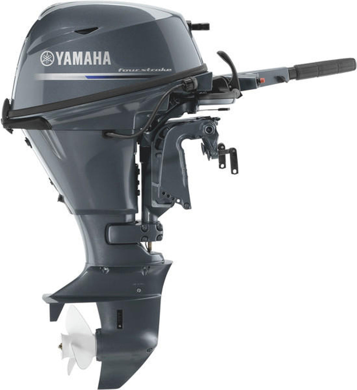Yamaha F15LEHA Outboard - 20-Inch Shaft | 2-Cylinder | Tiller Handle | Electric Start | Manual Tilt | Gray