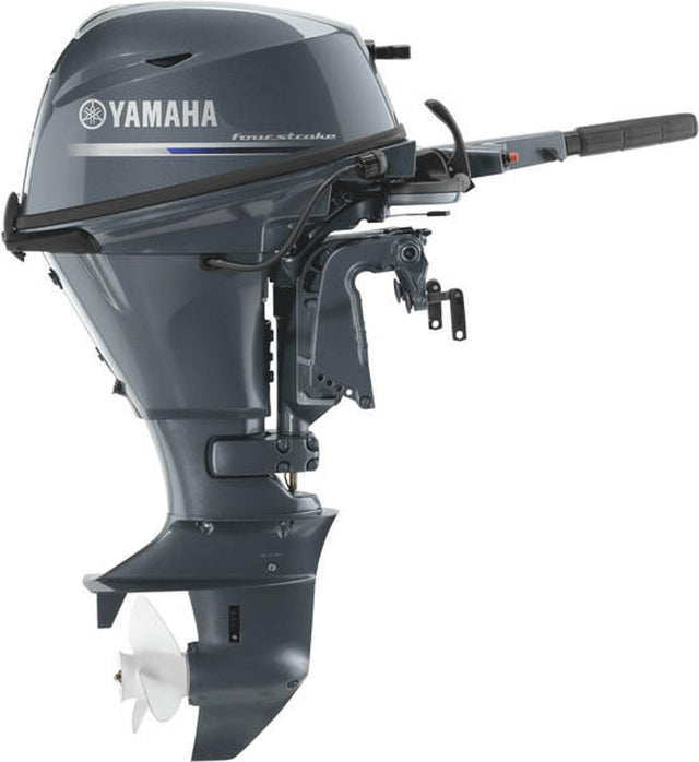 Yamaha F15LEHA Outboard - 20-Inch Shaft | 2-Cylinder | Tiller Handle | Electric Start | Manual Tilt | Gray