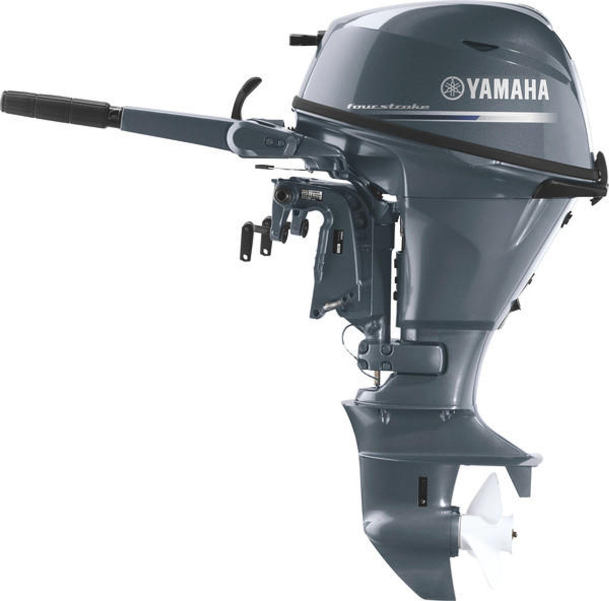 Yamaha F15LEHA Outboard - 20-Inch Shaft | 2-Cylinder | Tiller Handle | Electric Start | Manual Tilt | Gray