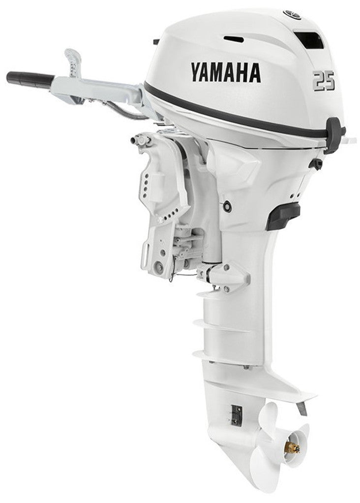 Yamaha F25LWTHC2 Outboard - 20-Inch Shaft | 2-Cylinder | Tiller Handle | Electric & Manual Start | Power Trim & Tilt | Pearl White