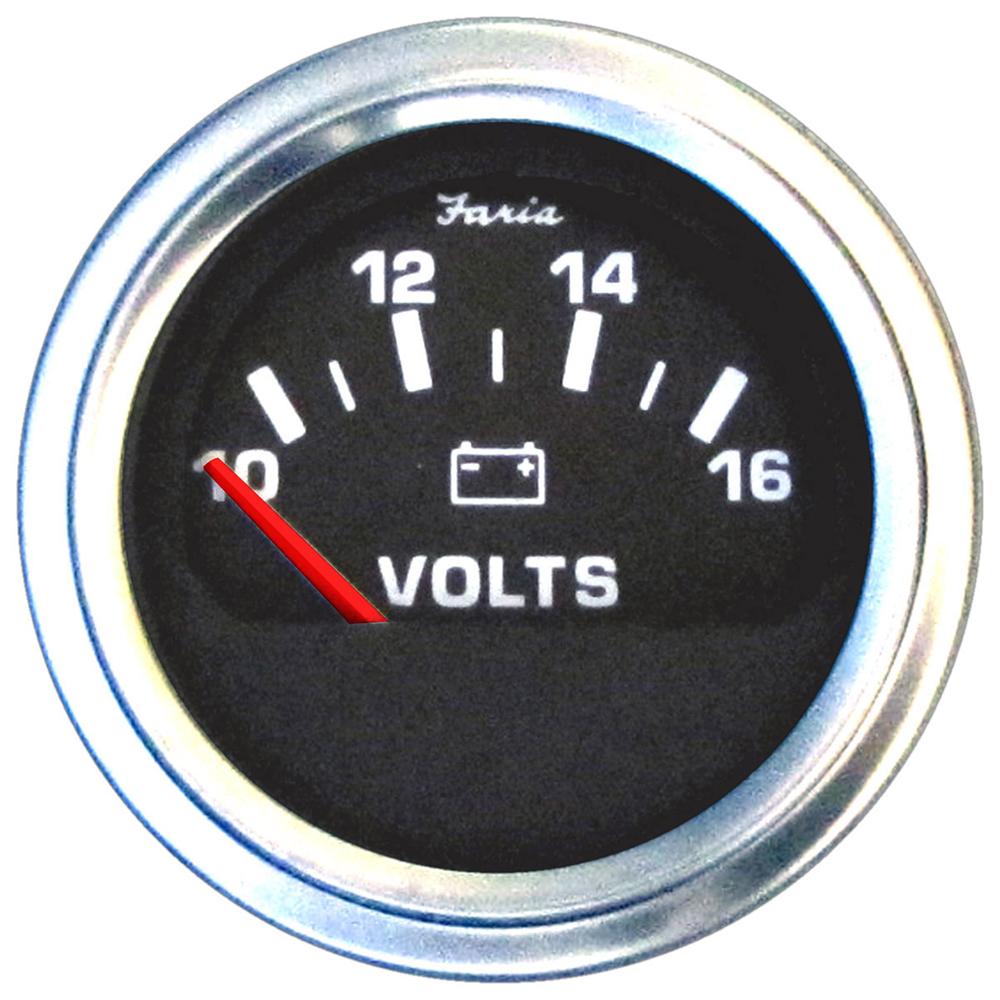 Faria 2" Voltmeter (10-16 VDC) Unlit 12V Black w/Stainless Steel Bezel & Orange Pointer - Case of 24 - VP0125