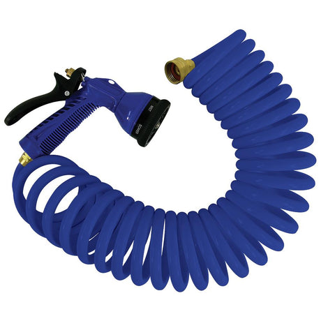 Whitecap - Coiled Hose w/Adjustable Nozzle - 15' - Blue - P-0440B