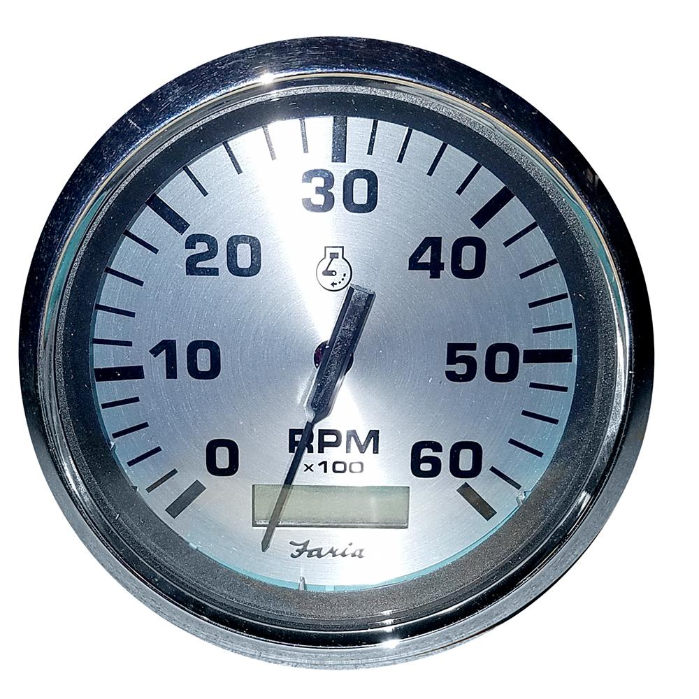 Faria Spun Silver 4" Tachometer w/Hourmeter (6000 RPM) (Gas Inboard) - 36032