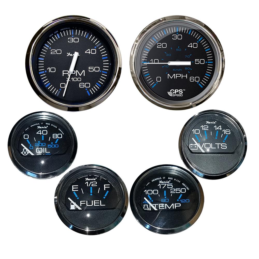 Faria Box Set of 6 Gauges - Speed, Tach, Fuel Level, Voltmeter, Water, Temp & Oil PSI - Chesapeake Black w/Stainless Steel Bezel - KTF064