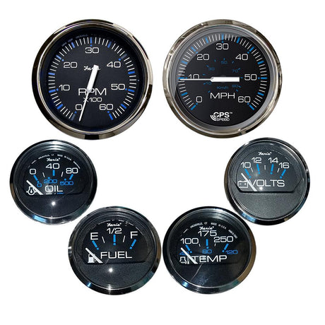 Faria Box Set of 6 Gauges - Speed, Tach, Fuel Level, Voltmeter, Water, Temp & Oil PSI - Chesapeake Black w/Stainless Steel Bezel - KTF064