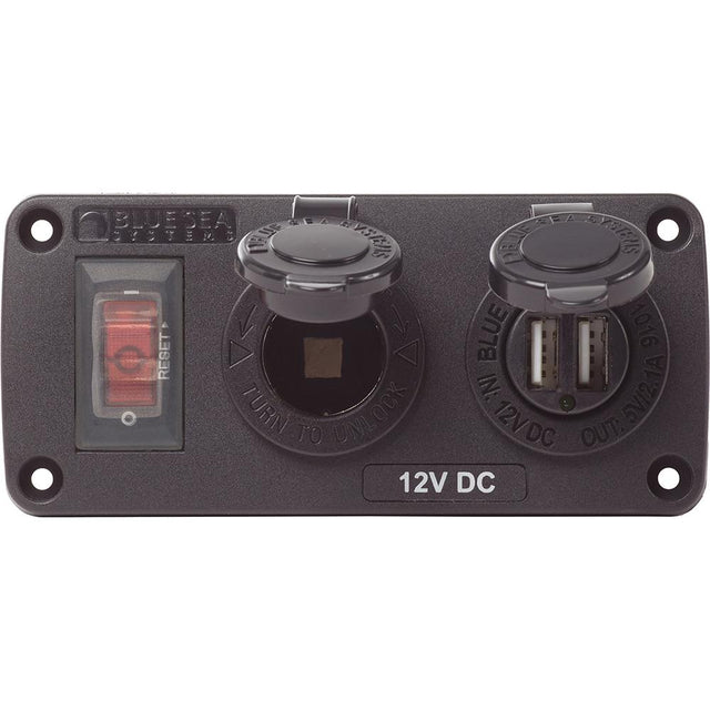 Blue Sea 4363 Water Resistant USB Accessory Panels - 15A Circuit Breaker, 12V Socket, 2.1A Dual USB Charger - 4363