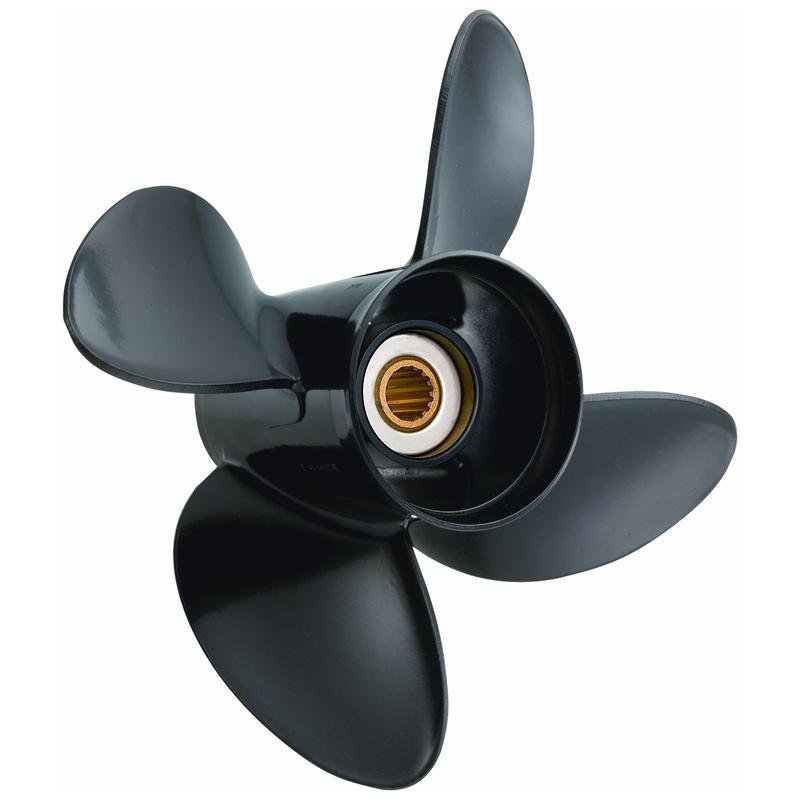 Amita 4 Propeller: BRP, Johnson, Evinrude, OMC Stern Drive - Aluminum , 13-3/4 x 17 4 Blade , DF 90, 115, 140 (4 Stroke), 15 Tooth Spline