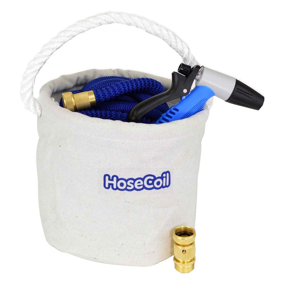 HoseCoil Canvas Bucket w/75&#39; Expandable Hose, Rubber Tip Nozzle & Quick Release - HCE75CB