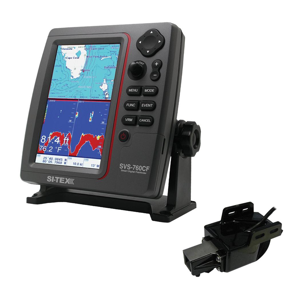 SI-TEX SVS-760CF Dual Frequency Chartplotter Sounder w/Navionics+ Flexible Coverage & Transom Mount Triducer - SVS-760CFTM