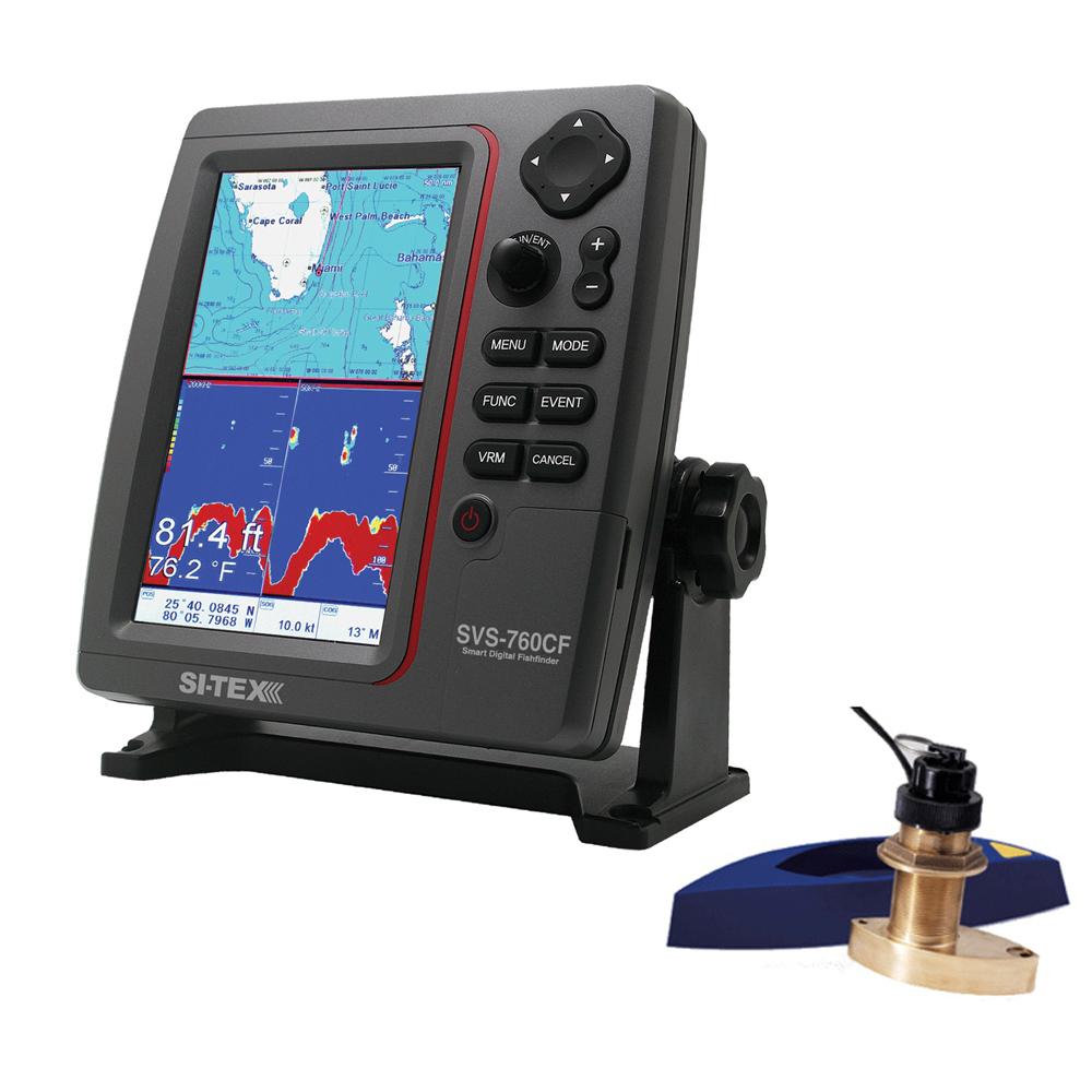 SI-TEX SVS-760CF Dual Frequency Chartplotter/Sounder w/ Navionics+ Flexible Coverage & Bronze Thru-Hull Triducer - SVS-760CFTH2